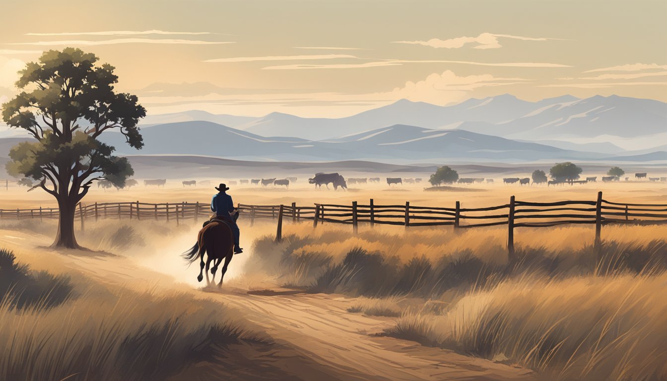 A lone cowboy riding through a vast, open prairie, with a herd of cattle in the distance and a rustic wooden fence line