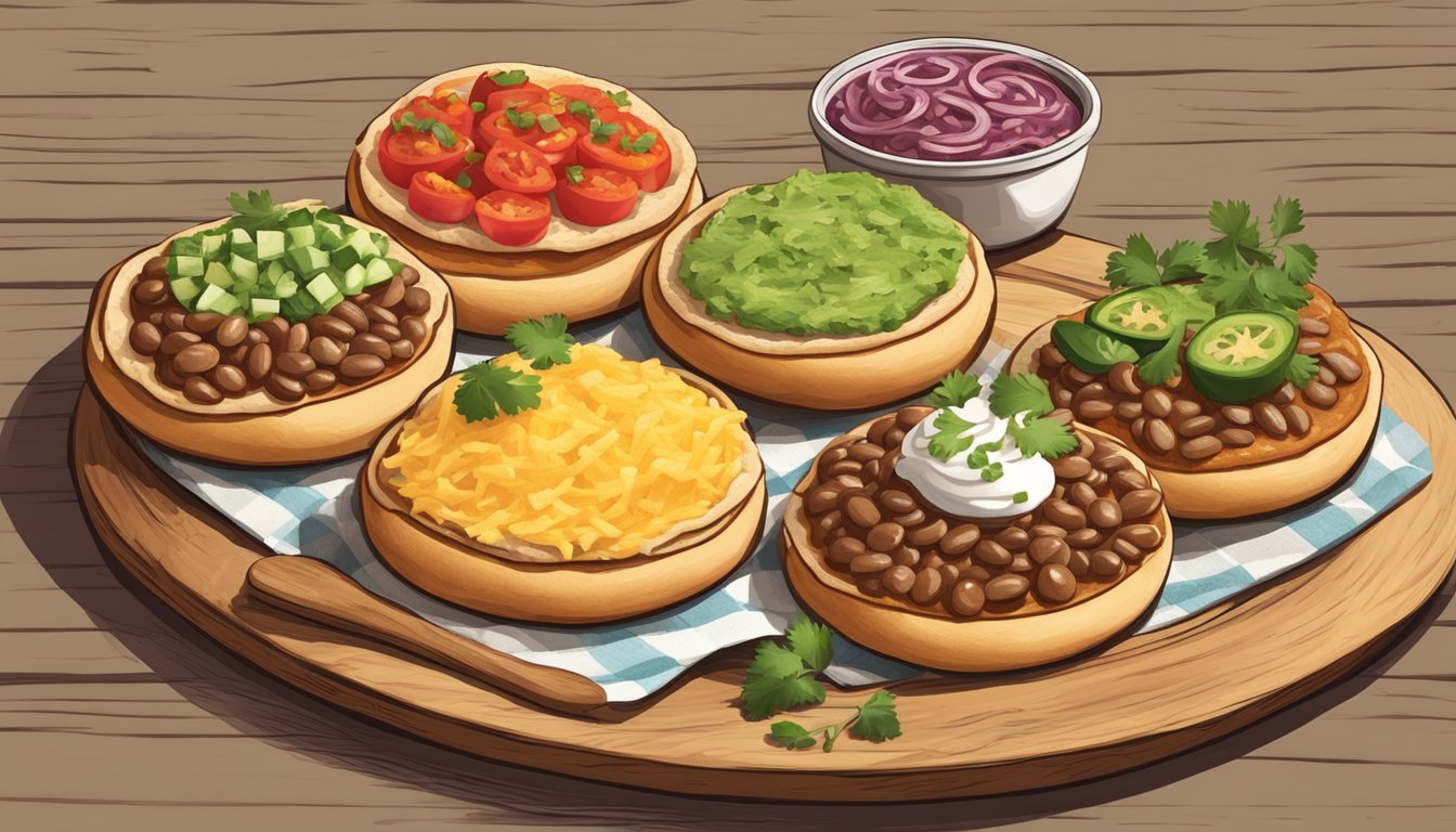 A rustic wooden table with a colorful array of authentic Texas sopes, topped with fresh ingredients like beans, cheese, salsa, and cilantro