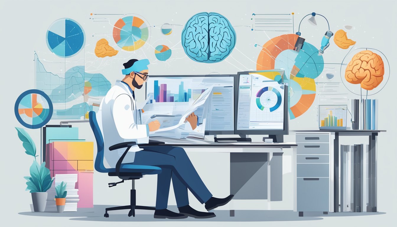 A scientist studying a brain scan with charts and graphs, surrounded by medical equipment and research papers