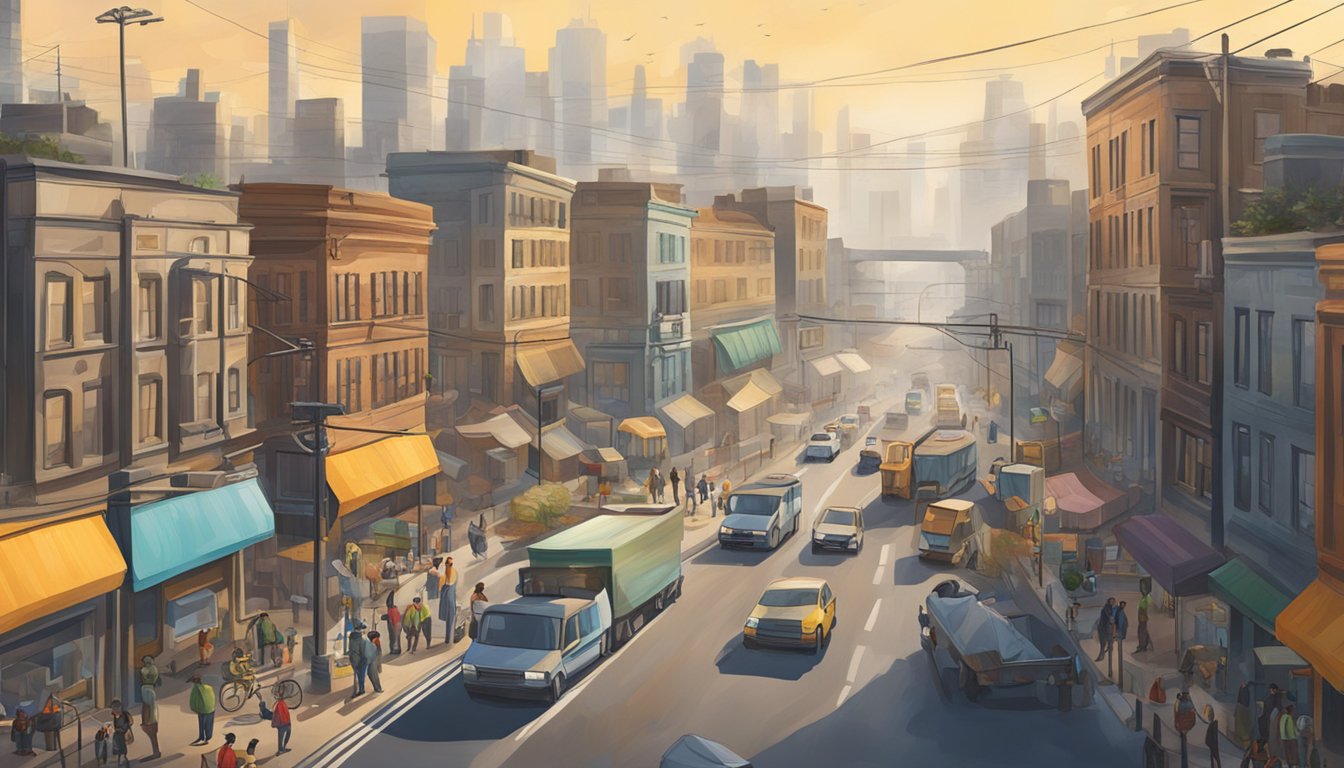 A bustling city street with traffic, construction, and industrial buildings surrounded by polluted air and noise