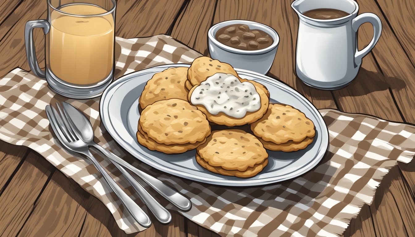 A plate of biscuits and gravy on a rustic wooden table with a checkered cloth