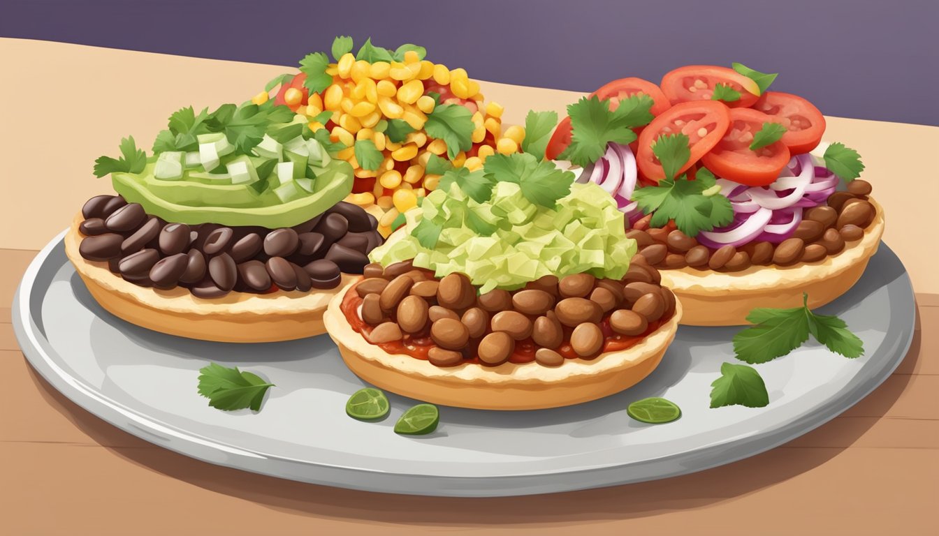 A table set with colorful sopes topped with beans, meat, and fresh salsa