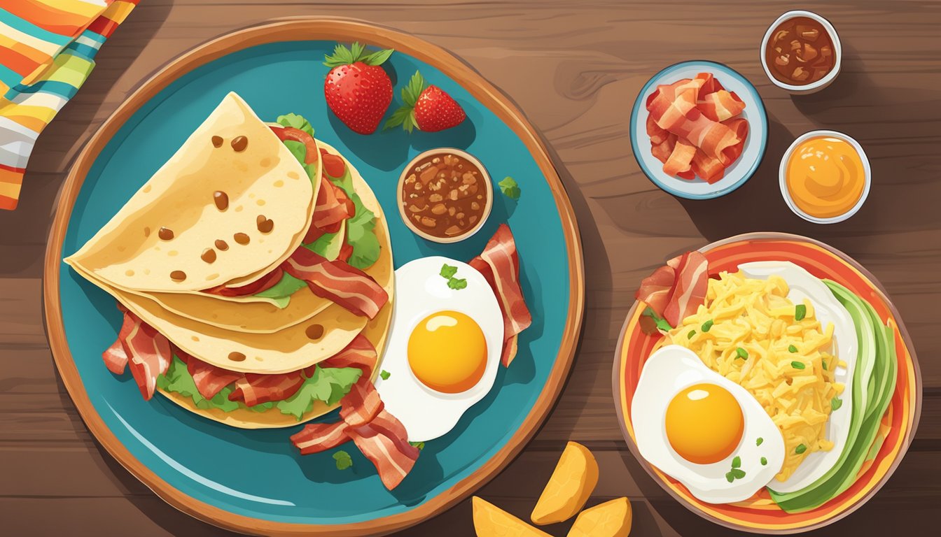 A classic breakfast taco with eggs, bacon, cheese, and salsa on a warm tortilla, served on a colorful plate with a side of fresh fruit