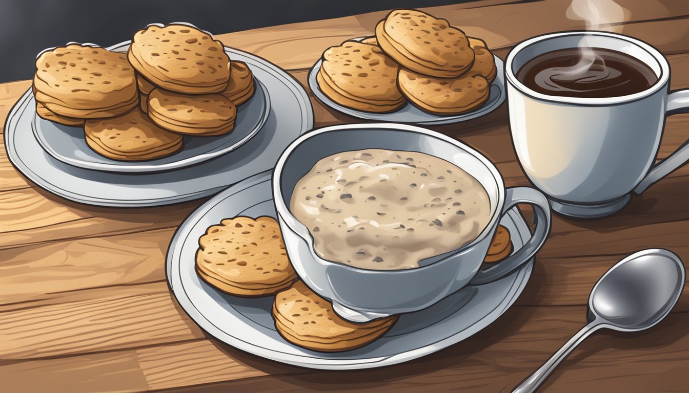 A plate of biscuits and gravy on a rustic wooden table with a steaming cup of coffee in the background