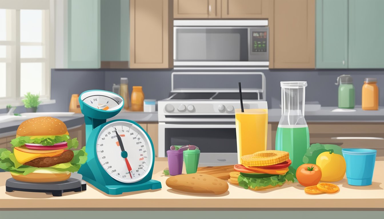 A kitchen counter with unhealthy food items, a scale, and exercise equipment