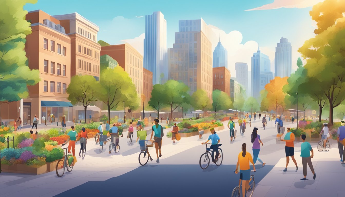 A vibrant cityscape with people walking, biking, and exercising in parks and streets, surrounded by healthy food options and accessible healthcare facilities