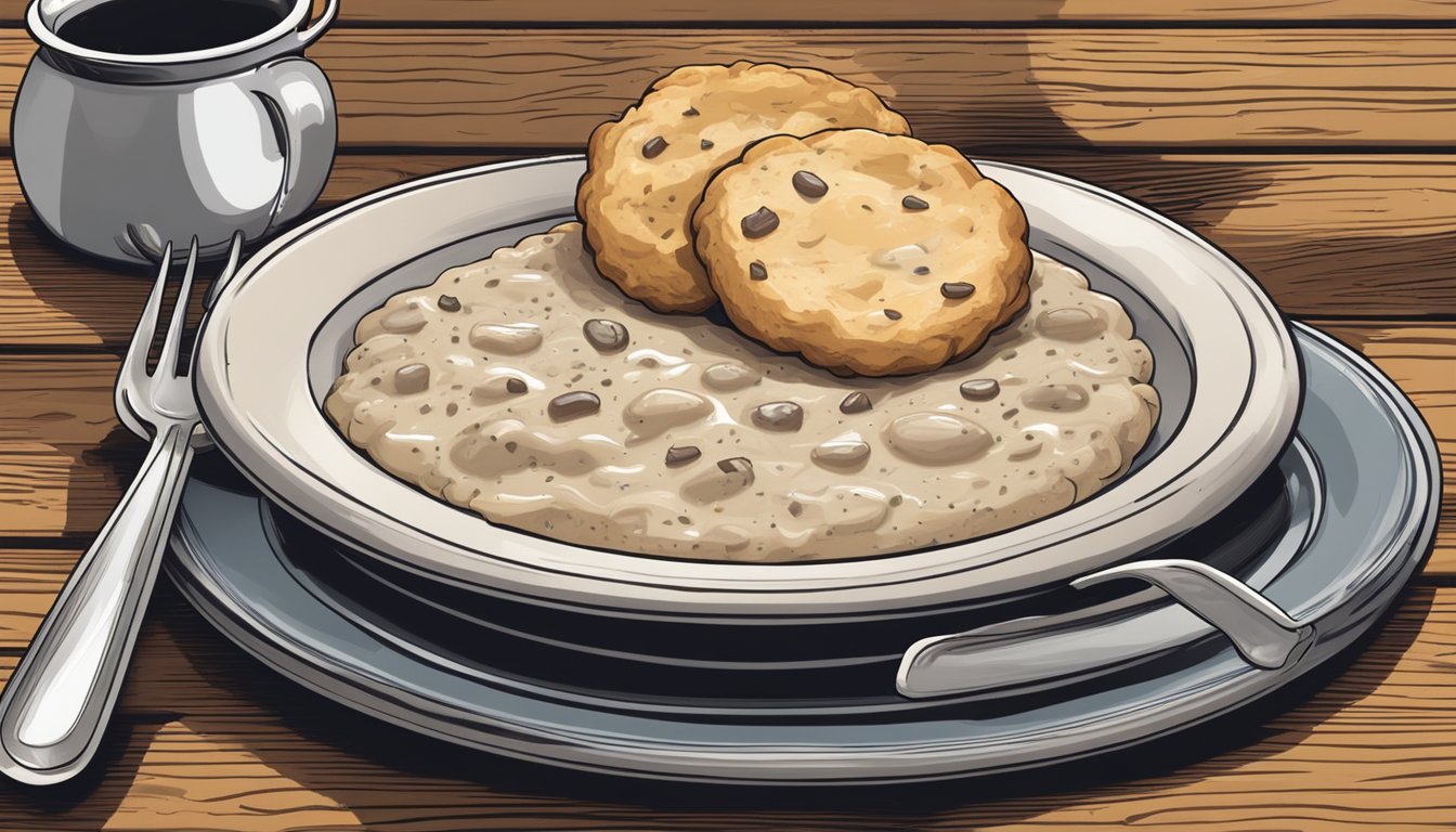 A plate of biscuits and gravy sits on a rustic wooden table, steam rising from the creamy, savory gravy. A fork and knife rest beside the plate