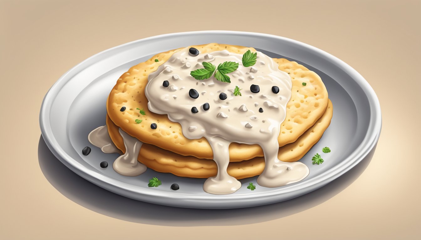 A plate of golden biscuits smothered in creamy gravy, with a sprinkle of black pepper on top