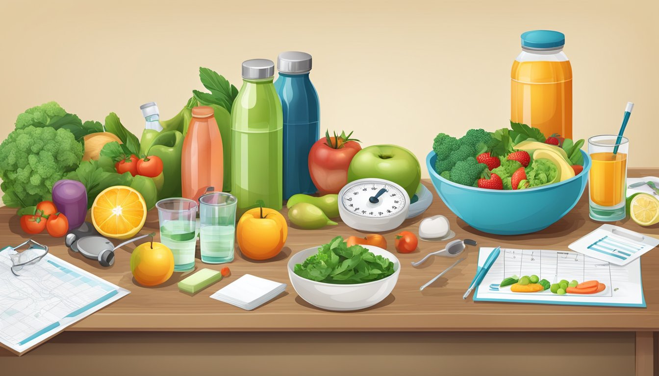 A table with healthy food, exercise equipment, and medical charts