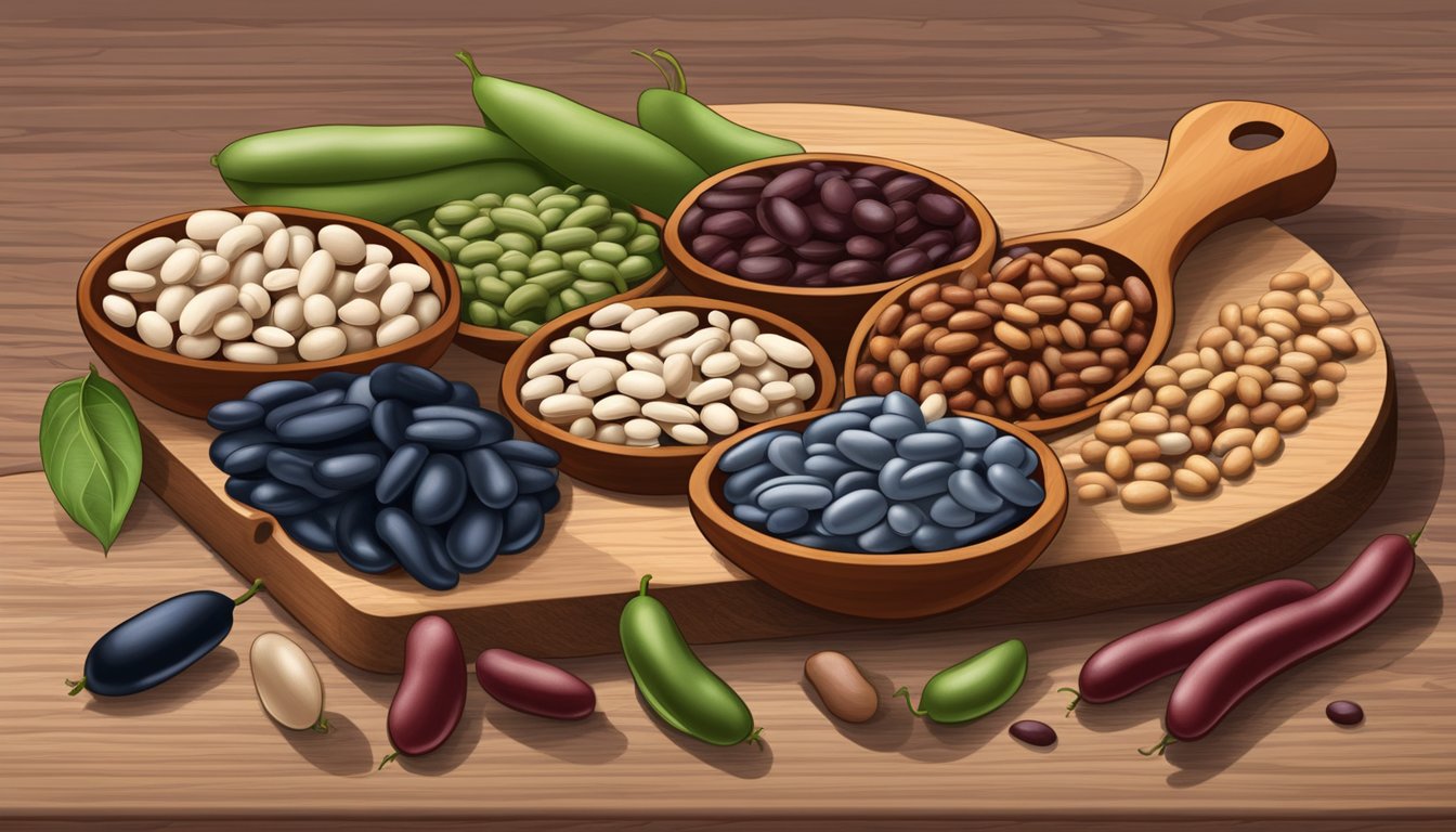 A variety of beans arranged on a wooden cutting board, including navy beans, pinto beans, and kidney beans