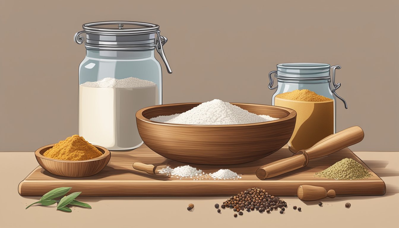 A wooden rolling pin and a flour-dusted cutting board, with a mixing bowl and whisk nearby, all surrounded by jars of spices and a sifter