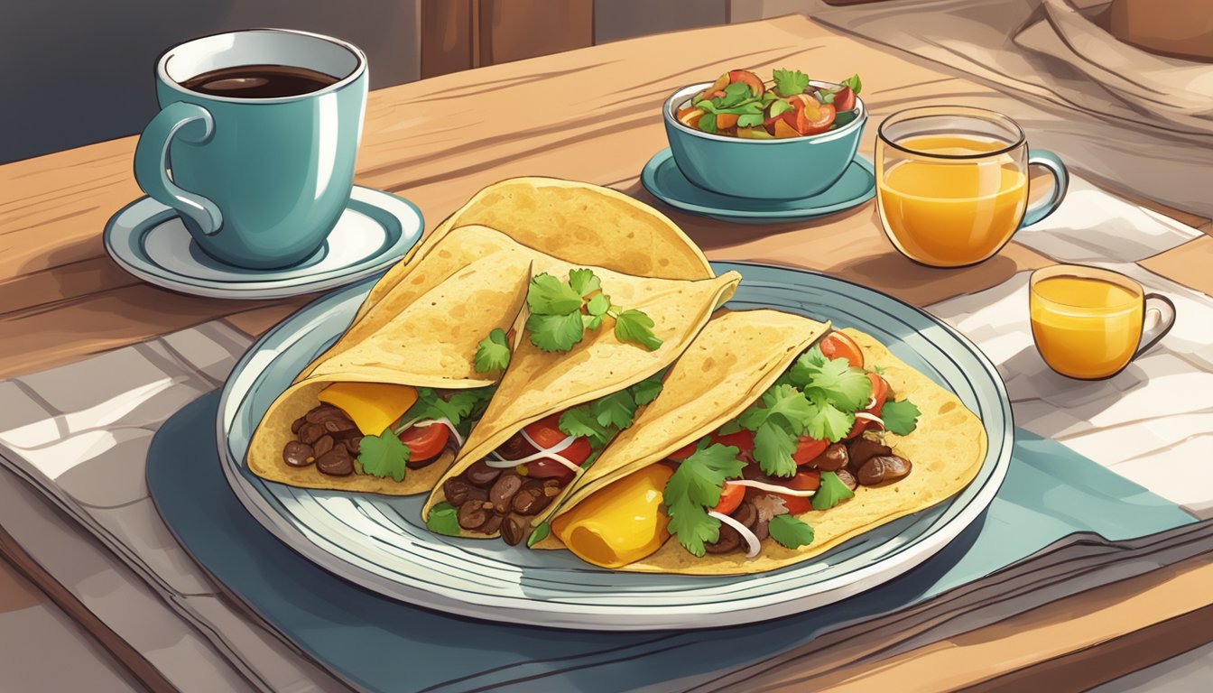 A plate with a freshly made breakfast taco next to a steaming cup of coffee on a cozy kitchen table