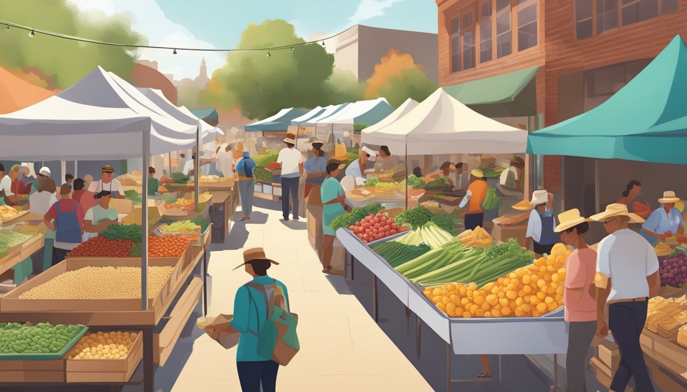 A bustling farmers market with vendors selling locally sourced ingredients for breakfast tacos