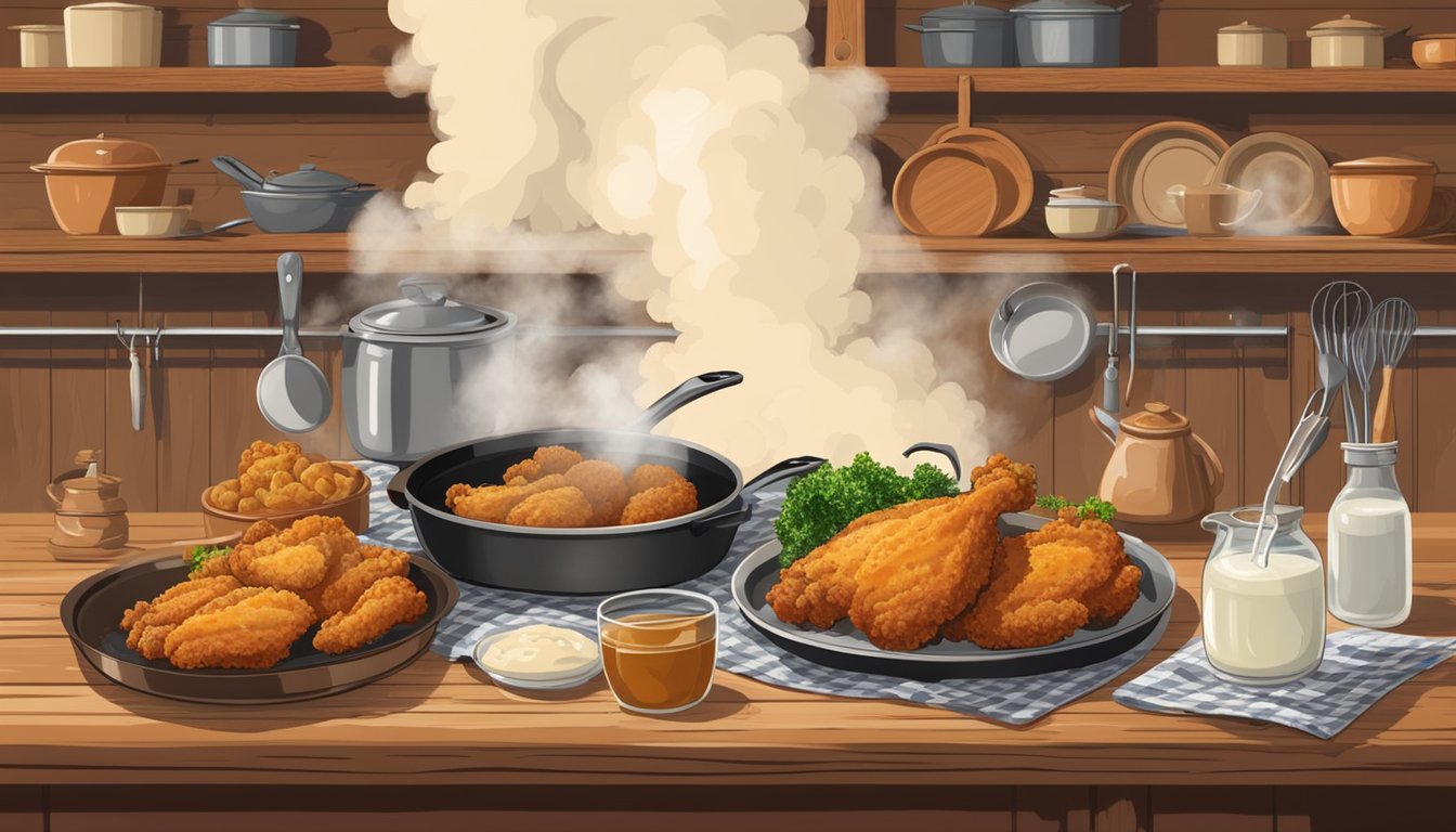 A rustic kitchen with a sizzling skillet of chicken fried chicken and country fried steak on a wooden table, surrounded by vintage cookware and ingredients