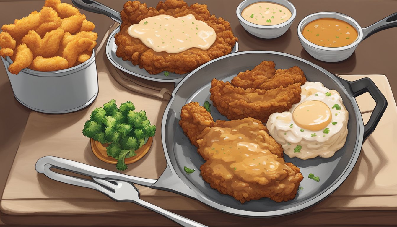 A sizzling skillet holds a golden-brown chicken fried chicken next to a hearty country fried steak, both topped with creamy gravy