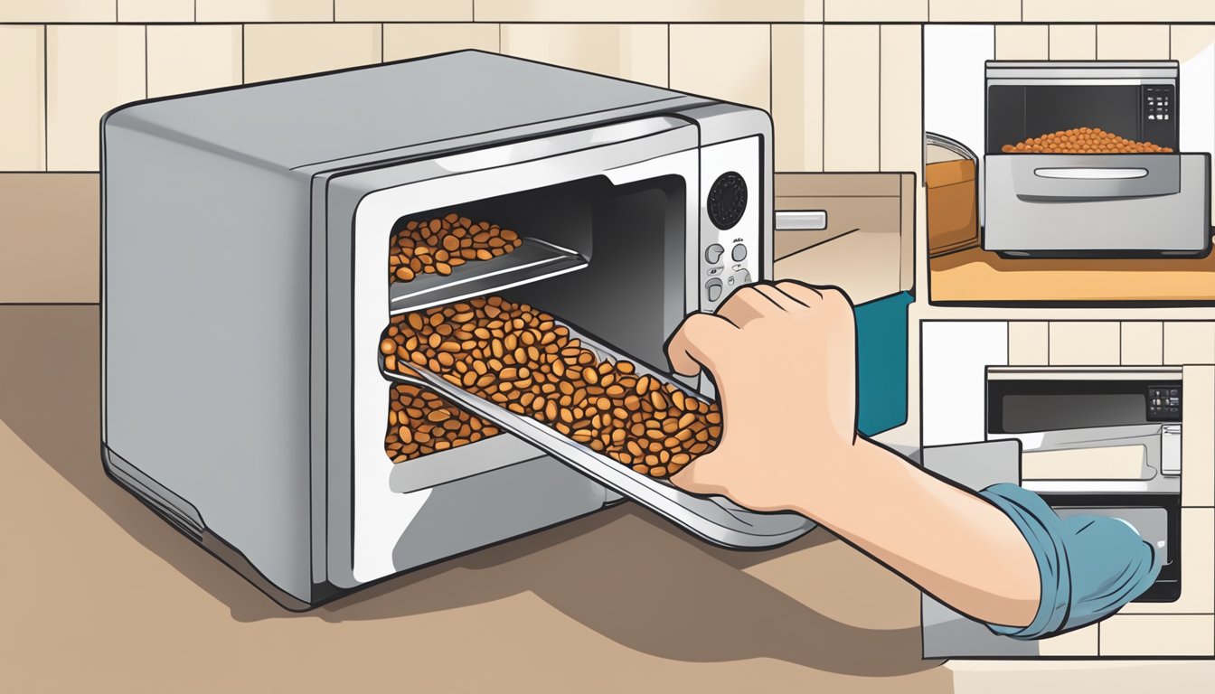 A hand placing a container of baked beans into a microwave next to a printed sheet of storage and reheating instructions