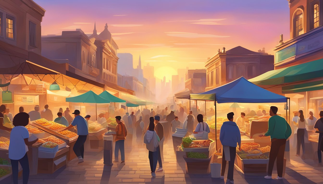 A bustling market with vendors selling breakfast burritos and tacos, surrounded by historical buildings and a colorful sunrise