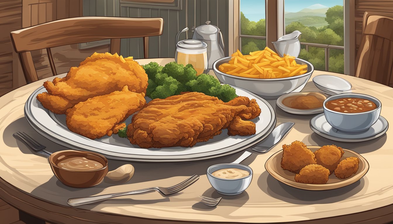 A table set with chicken fried chicken and country fried steak, surrounded by Southern decor and symbols of cultural significance