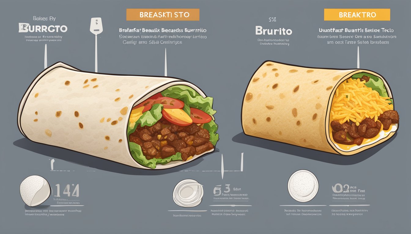 A breakfast burrito and breakfast taco side by side with nutritional labels visible