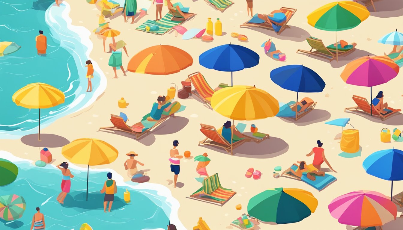 A sunny beach with colorful umbrellas, sunscreen bottles, and beachgoers enjoying outdoor activities while being mindful of sun protection