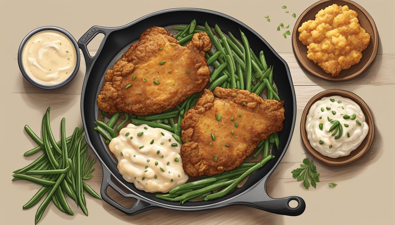 A sizzling skillet with golden-brown chicken fried chicken next to a hearty country fried steak, surrounded by sides of creamy mashed potatoes and buttery green beans