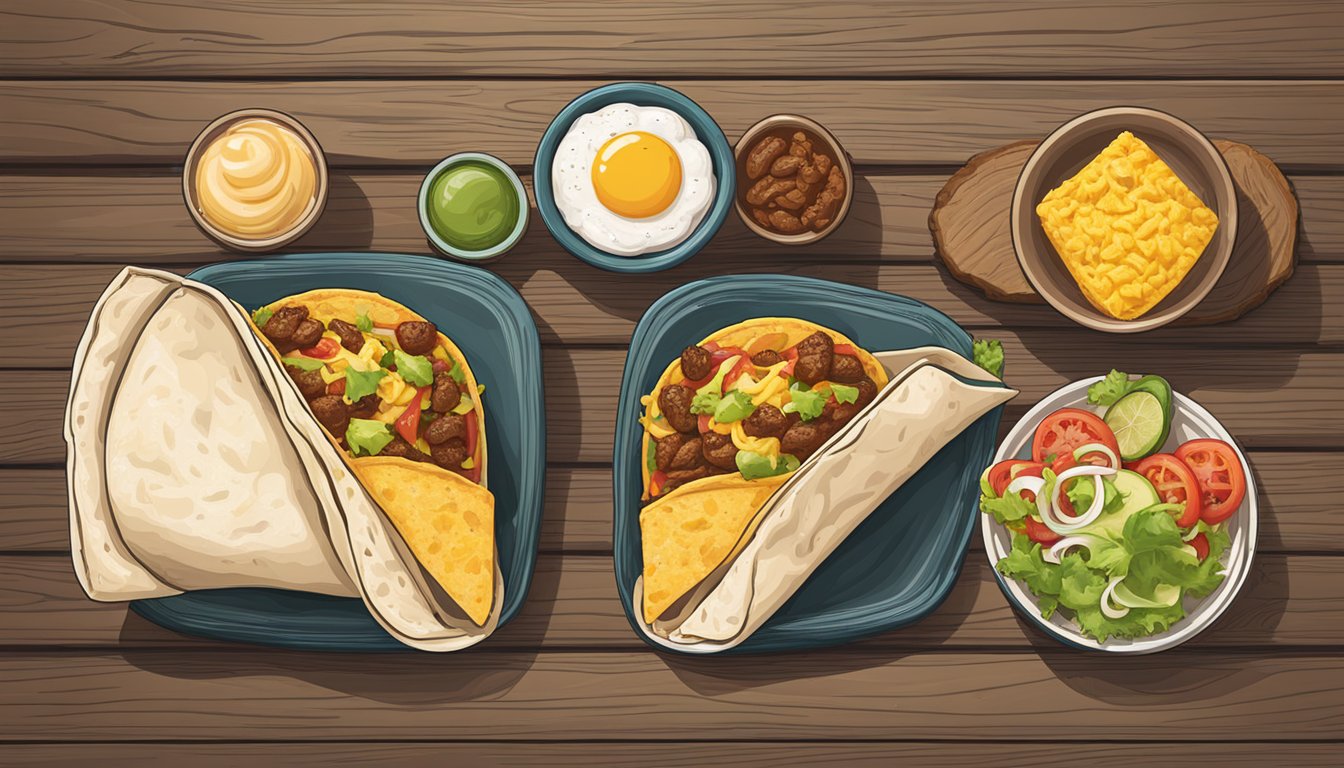 A breakfast burrito and a breakfast taco sit side by side on a rustic wooden table, showcasing their contrasting textures and flavors