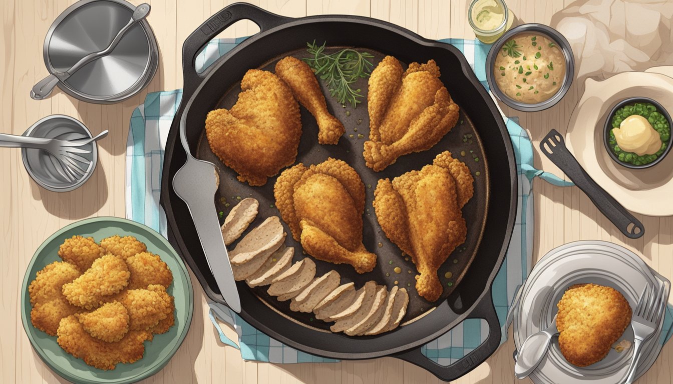 A rustic kitchen with a sizzling skillet, displaying a golden-brown chicken fried steak and a crispy chicken fried chicken, surrounded by vintage cooking utensils