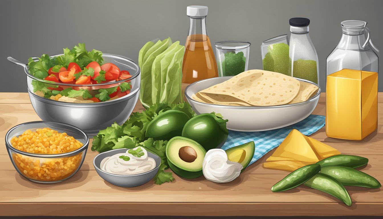 A kitchen counter with ingredients and utensils for making breakfast burritos and tacos