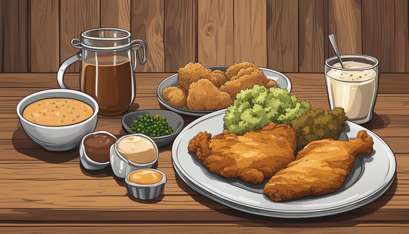 A plate of chicken fried chicken and another of chicken fried steak with various types of gravy and accompaniments spread out on a rustic wooden table