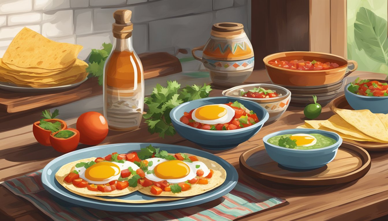 A rustic kitchen with a traditional Mexican breakfast spread of huevos rancheros, accompanied by fresh salsa and tortillas