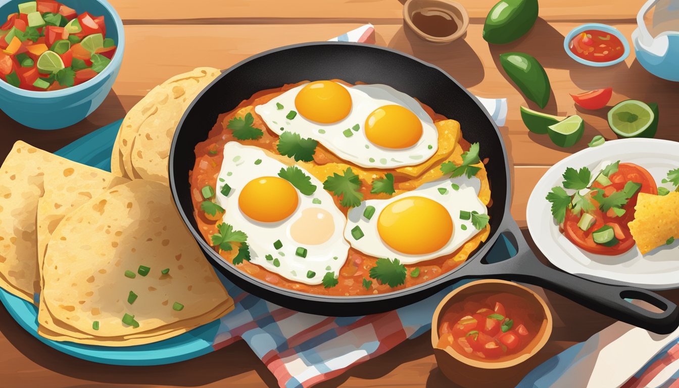 A sizzling skillet with fried eggs, simmering salsa, and warm tortillas on a vibrant table setting