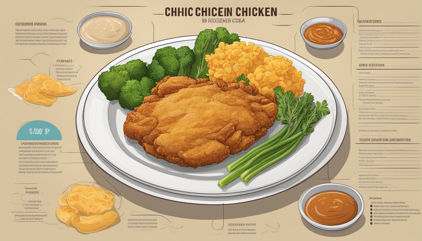 A plate with chicken fried chicken and chicken fried steak, surrounded by vegetables and a nutritional information label