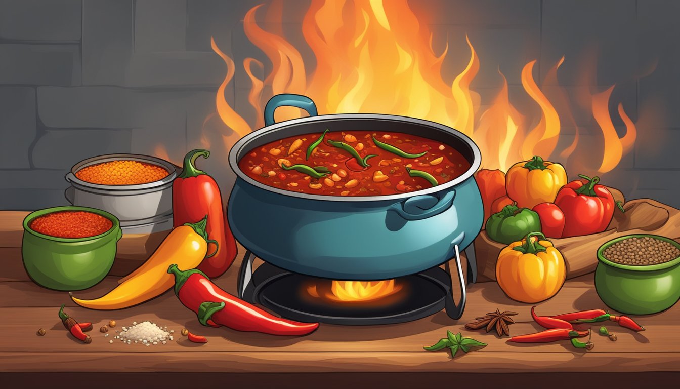 A steaming pot of chili simmering over a crackling fire, surrounded by vibrant chili peppers, tomatoes, and spices