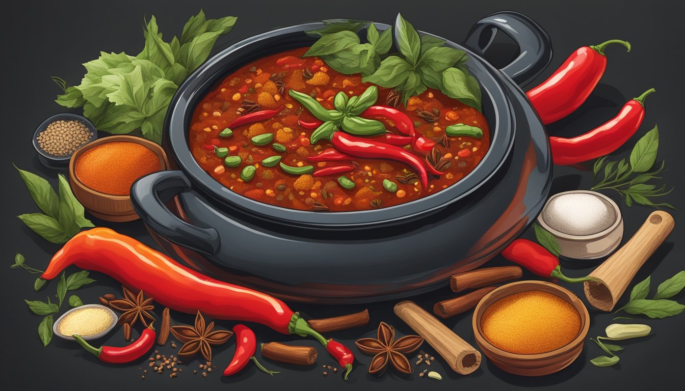 A bubbling pot of chili surrounded by Texan spices and ingredients