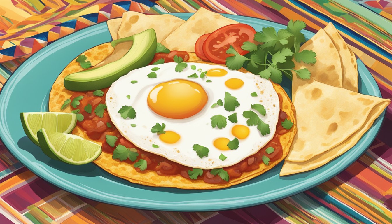 A plate of huevos rancheros with fried eggs, salsa, and tortillas, garnished with cilantro and avocado slices, served on a colorful, patterned placemat