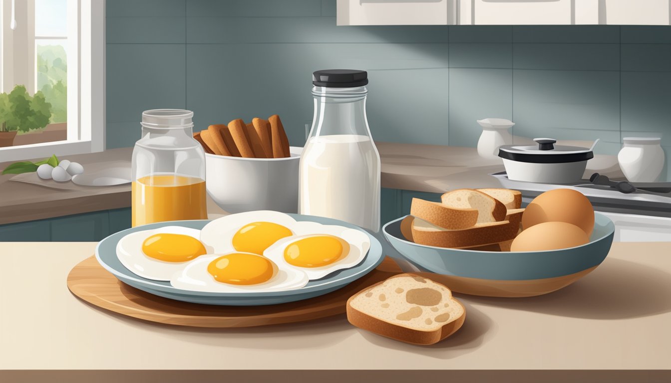 A kitchen counter with a bowl of eggs, a bottle of milk, slices of bread, a jar of cinnamon, and a bottle of vanilla extract