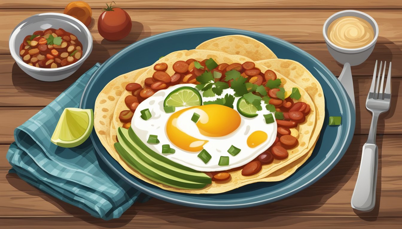 A plate of huevos rancheros with salsa, beans, and tortillas on a rustic wooden table