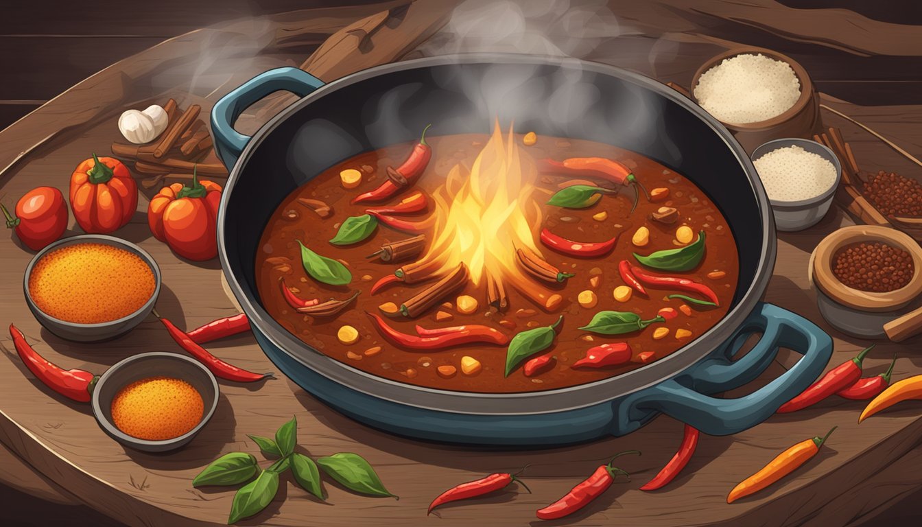 A bubbling pot of chili simmering over a crackling campfire, surrounded by a rustic wooden table with various spices and ingredients scattered around