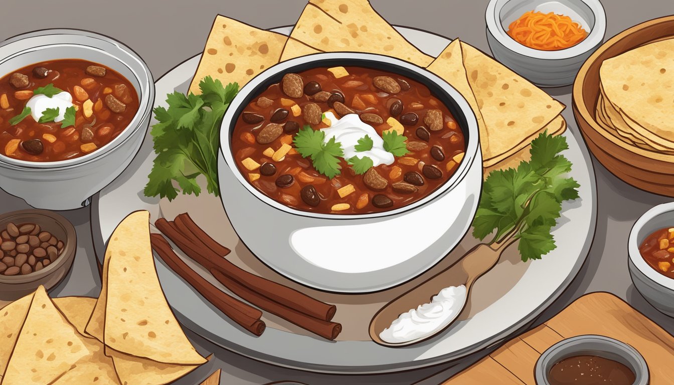 A steaming bowl of chili with chunks of meat, beans, and spices, surrounded by a stack of warm tortillas and a dollop of sour cream