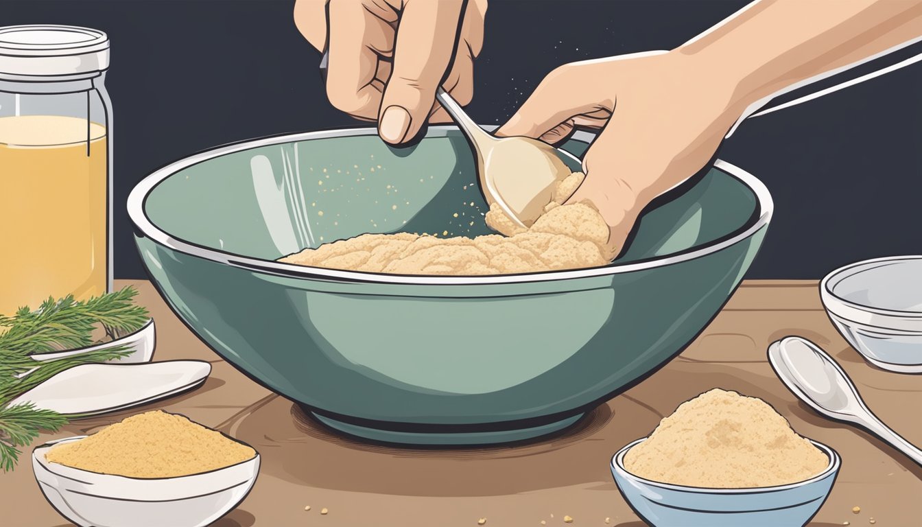 A hand dipping a chicken breast into a bowl of seasoned flour mixture