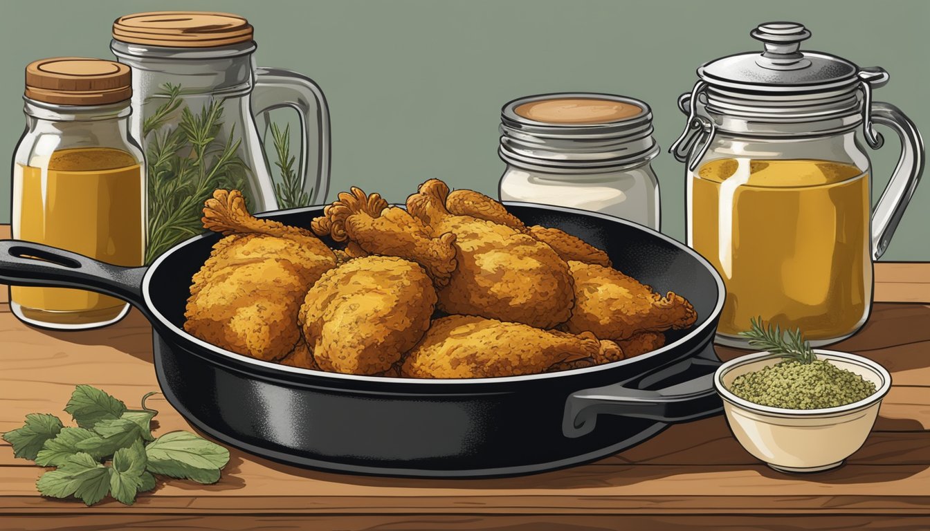 A vintage kitchen with jars of herbs and spices, a cast iron skillet, and a plate of golden chicken fried chicken