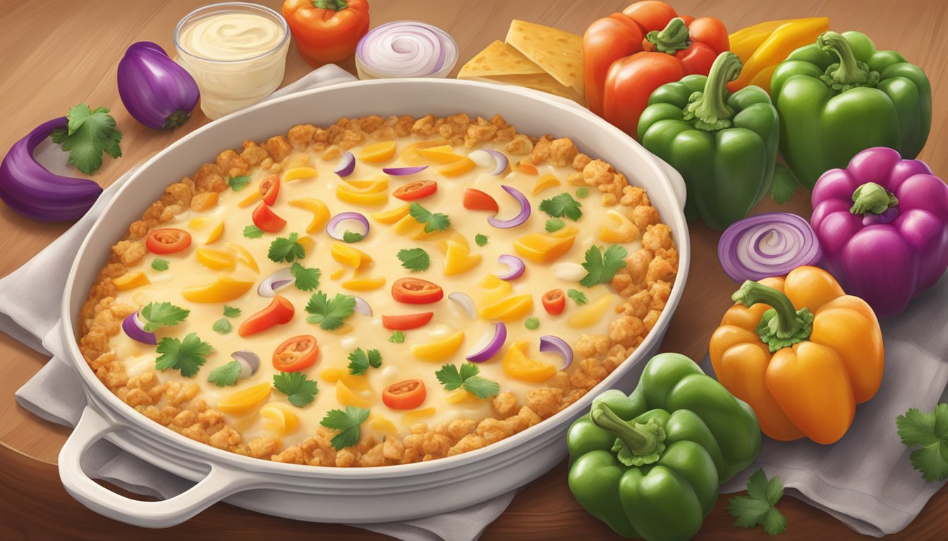 A bubbling casserole dish filled with layers of chicken, tortillas, cheese, and creamy sauce, surrounded by colorful bell peppers and onions