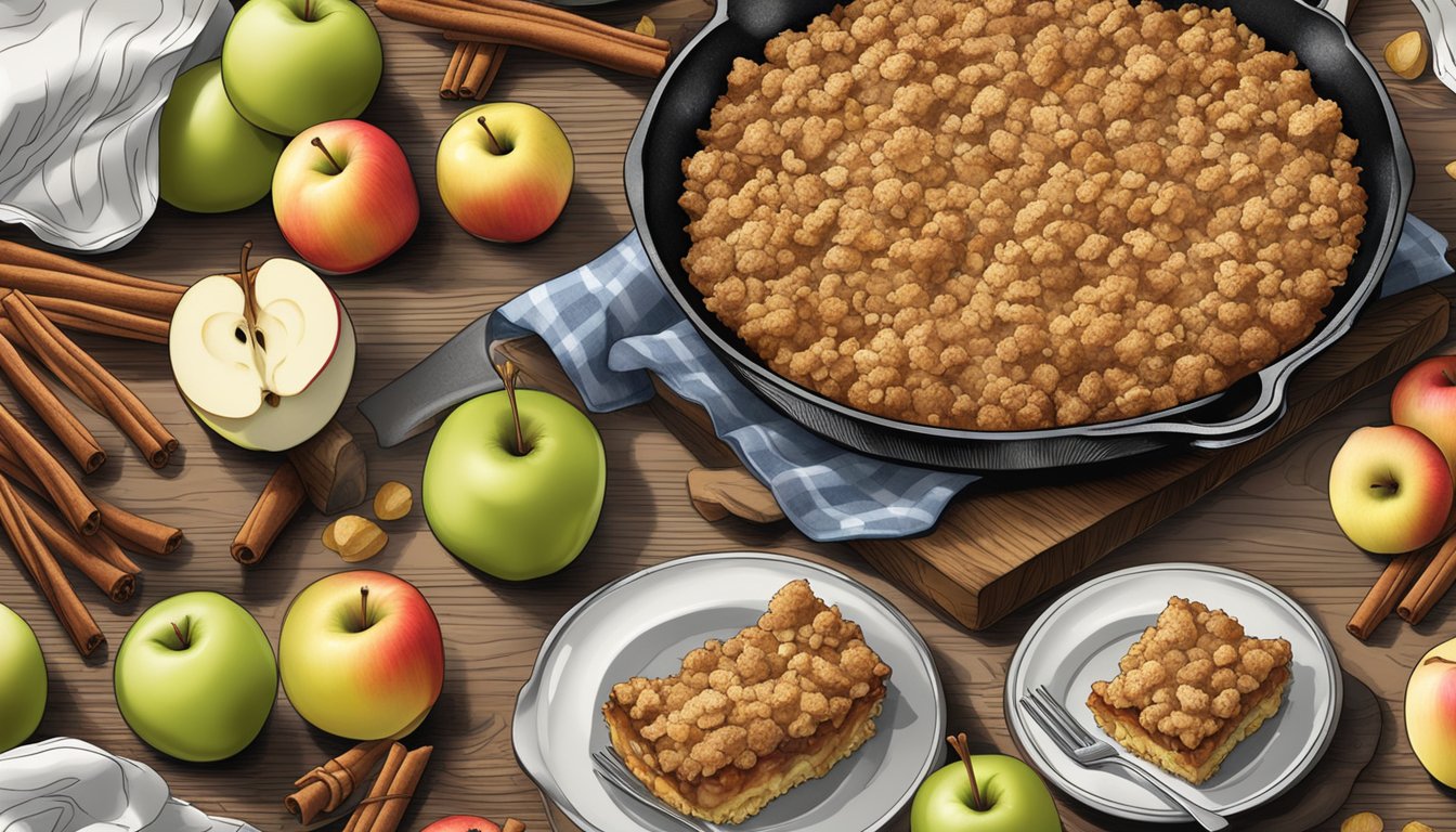 A rustic kitchen table with a bubbling apple crisp in a cast iron skillet, surrounded by fresh apples and cinnamon sticks