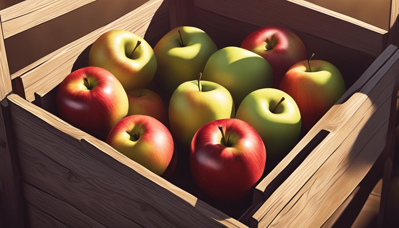 A hand reaching for a perfect red apple among a variety of apples in a rustic wooden crate. Sunlight streaming in, highlighting the apples