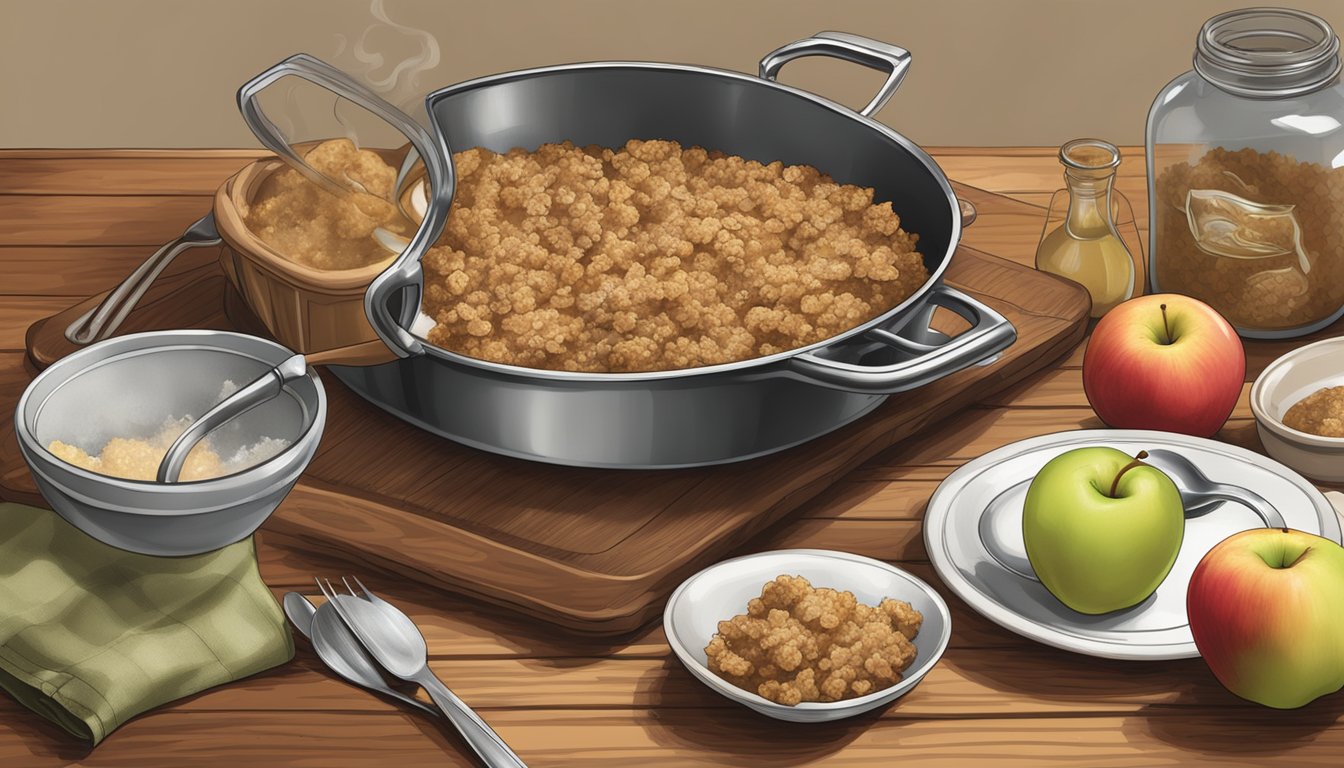 A rustic kitchen table set with a baking dish of steaming Texas apple crisp, surrounded by ingredients and kitchen utensils