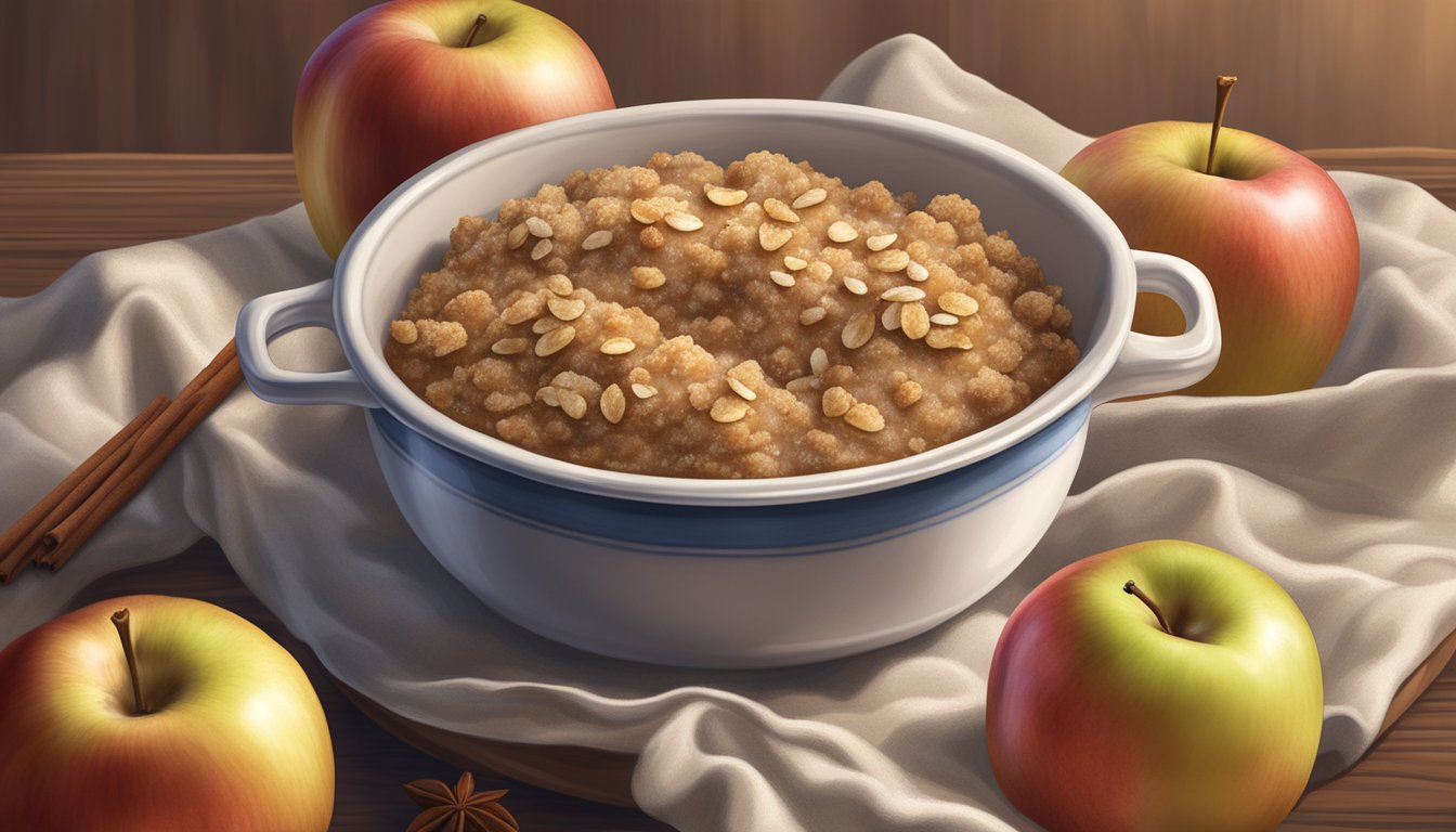 A golden-brown apple crisp sits in a ceramic dish, topped with a crumbly mixture of oats, brown sugar, and cinnamon, surrounded by fresh apples and a sprinkle of powdered sugar