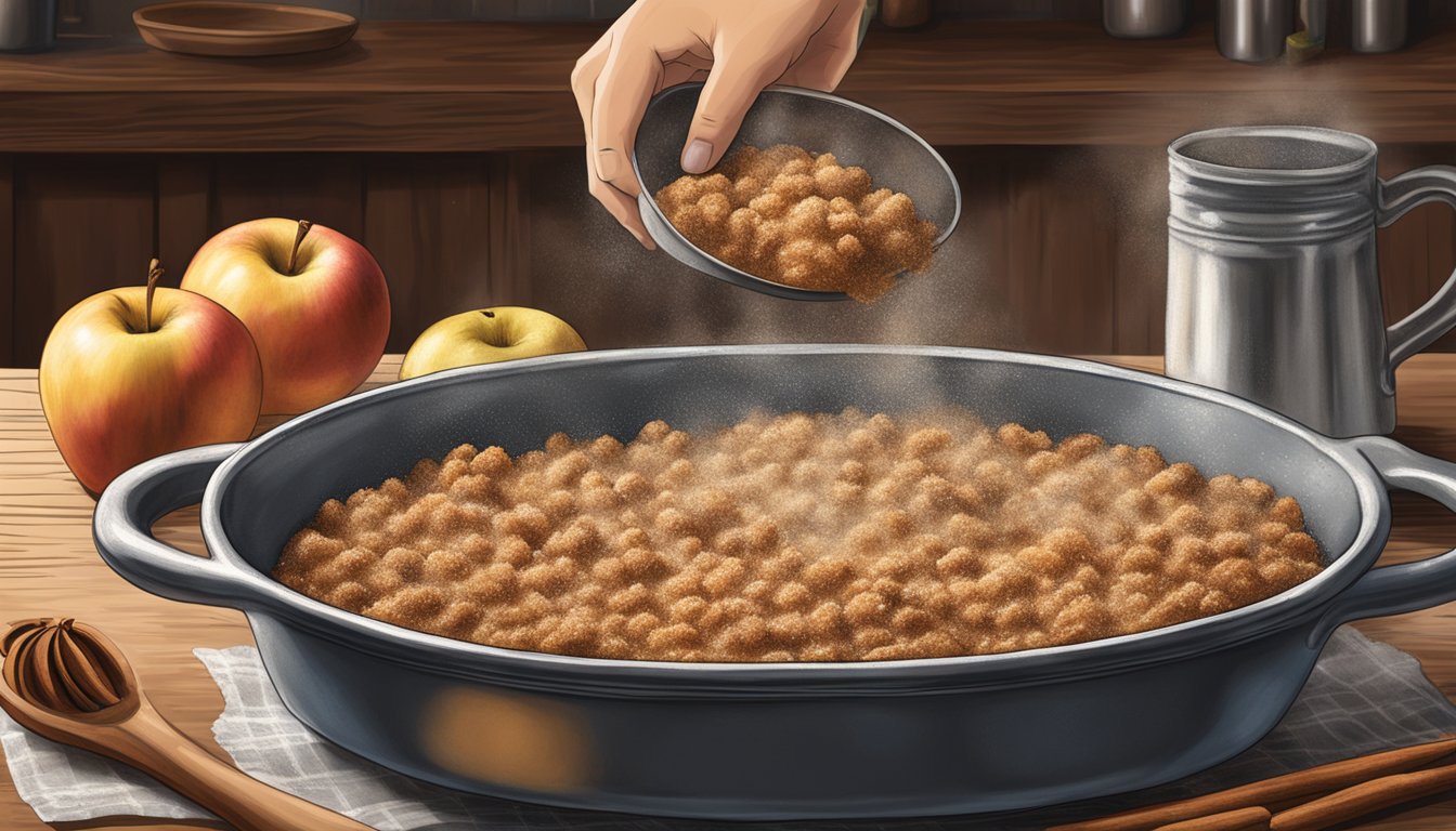 A hand sprinkles cinnamon and sugar over a baked apple crisp in a rustic Texas kitchen