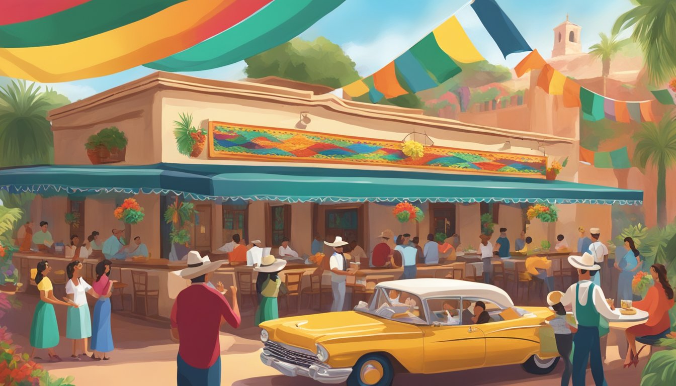 A Tex-Mex lasagna being served at a bustling historical background restaurant with colorful decorations and traditional music playing in the background