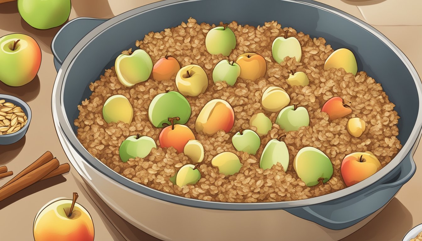 Fresh apples, cinnamon, and oats are being mixed together in a large bowl. A golden brown apple crisp bakes in the oven