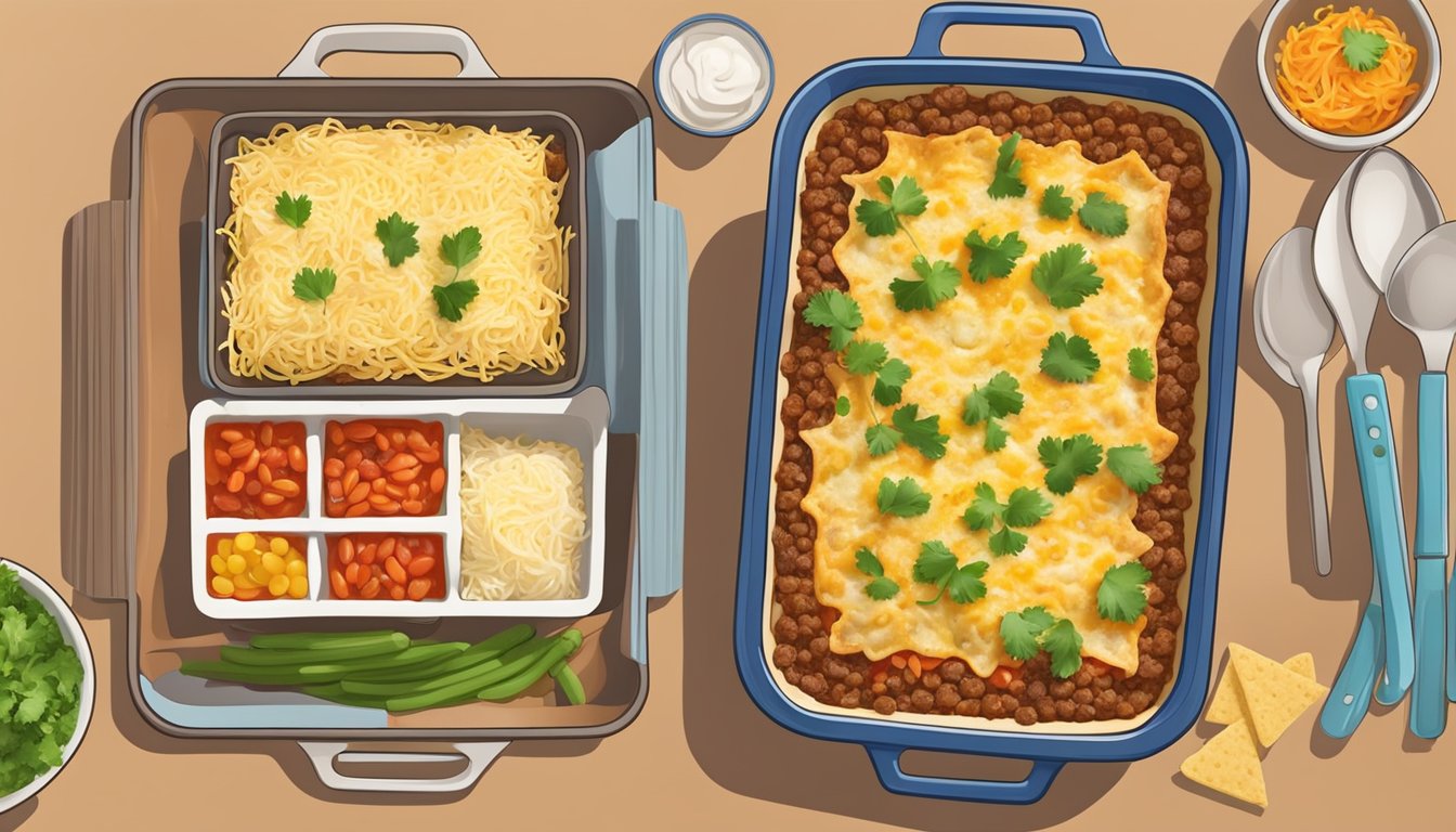 A colorful Tex-Mex lasagna being assembled with layers of tortillas, seasoned ground beef, beans, cheese, and salsa in a deep baking dish